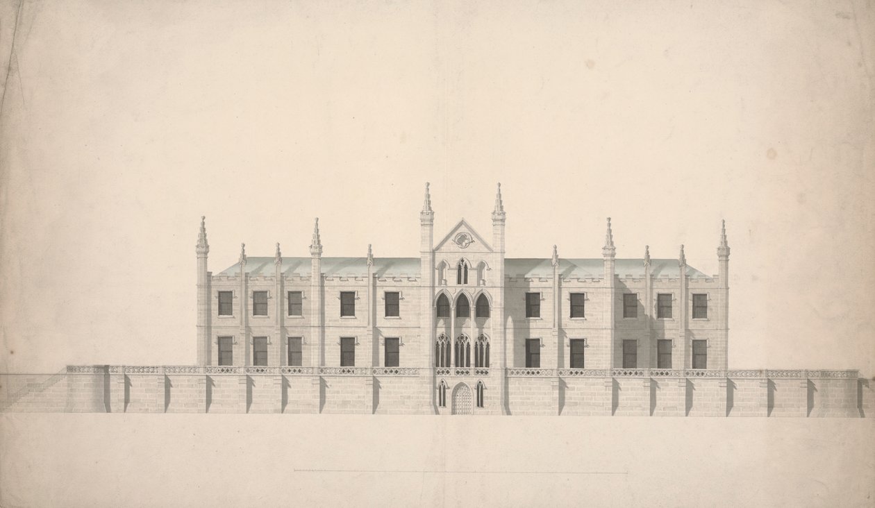 Upphöjning av en föreslagen design för Cambridge Colleges av William Wilkins