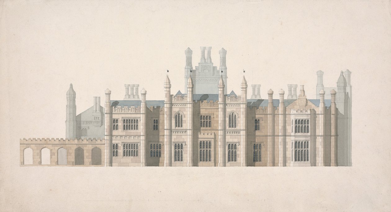 Upphöjning av en föreslagen design för Cambridge Colleges av William Wilkins