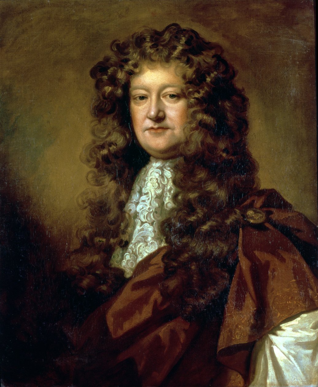 Porträtt av en gentleman i brun mantel och vit jabot av William Wissing or Wissmig
