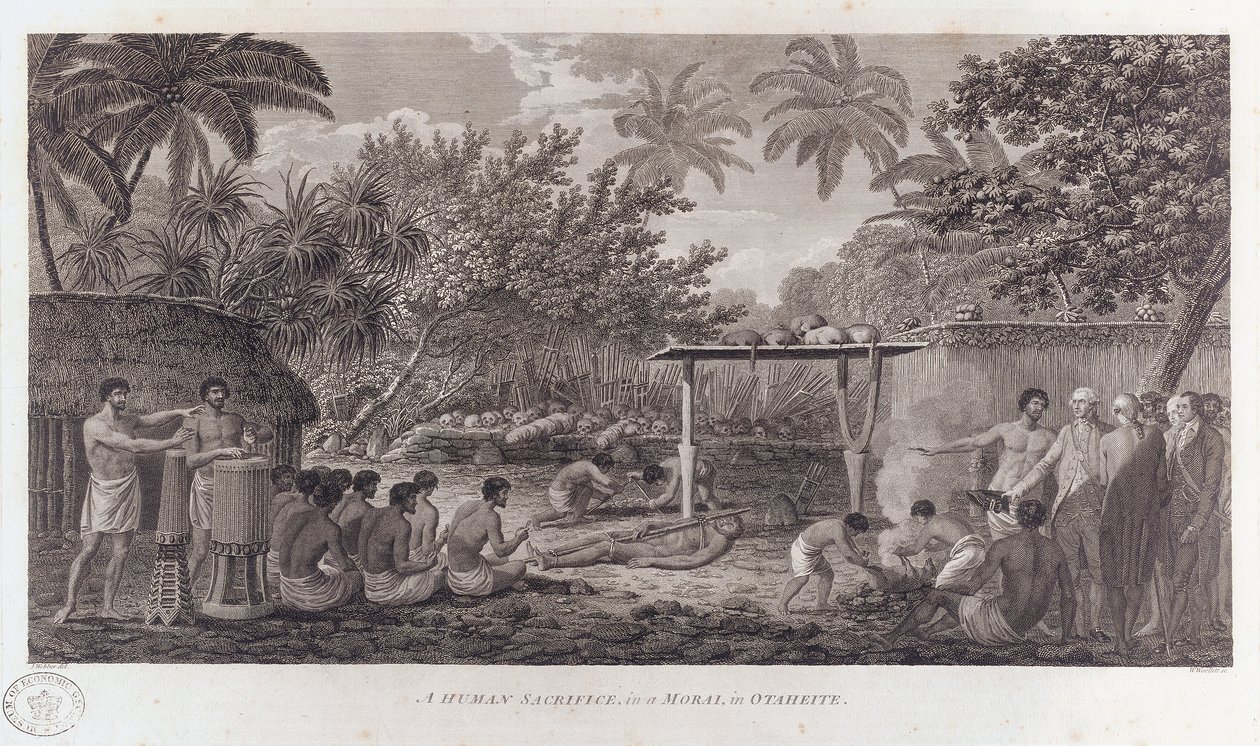 Människooffer på Tahiti i södra Stilla havet, c1773 av William Woollett