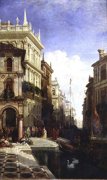 En Capriccio-vy över Venedig med en prinsessa som visas för en gondol på baksidan av Scuola di San Marco av William Wyld