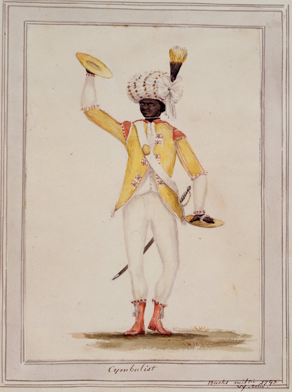 En cymbalist, från Sir William Youngs "Drawings of Uniforms of the Bucks Militia" av William Young