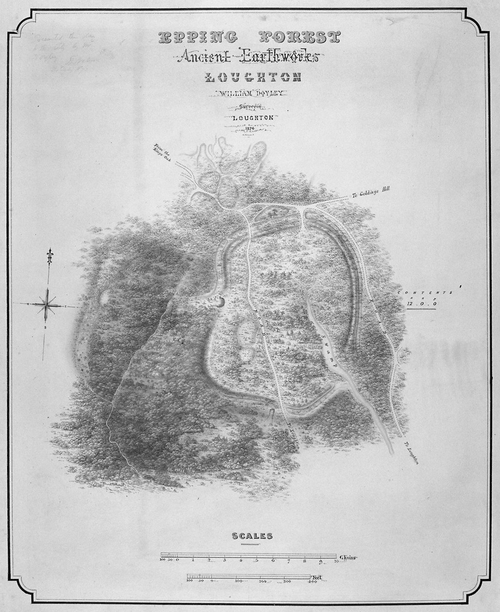 Karta över de forntida markarbetena vid Loughton Camp gjord runt 52 AD i Epping Forest, Essex, 1876 av William d