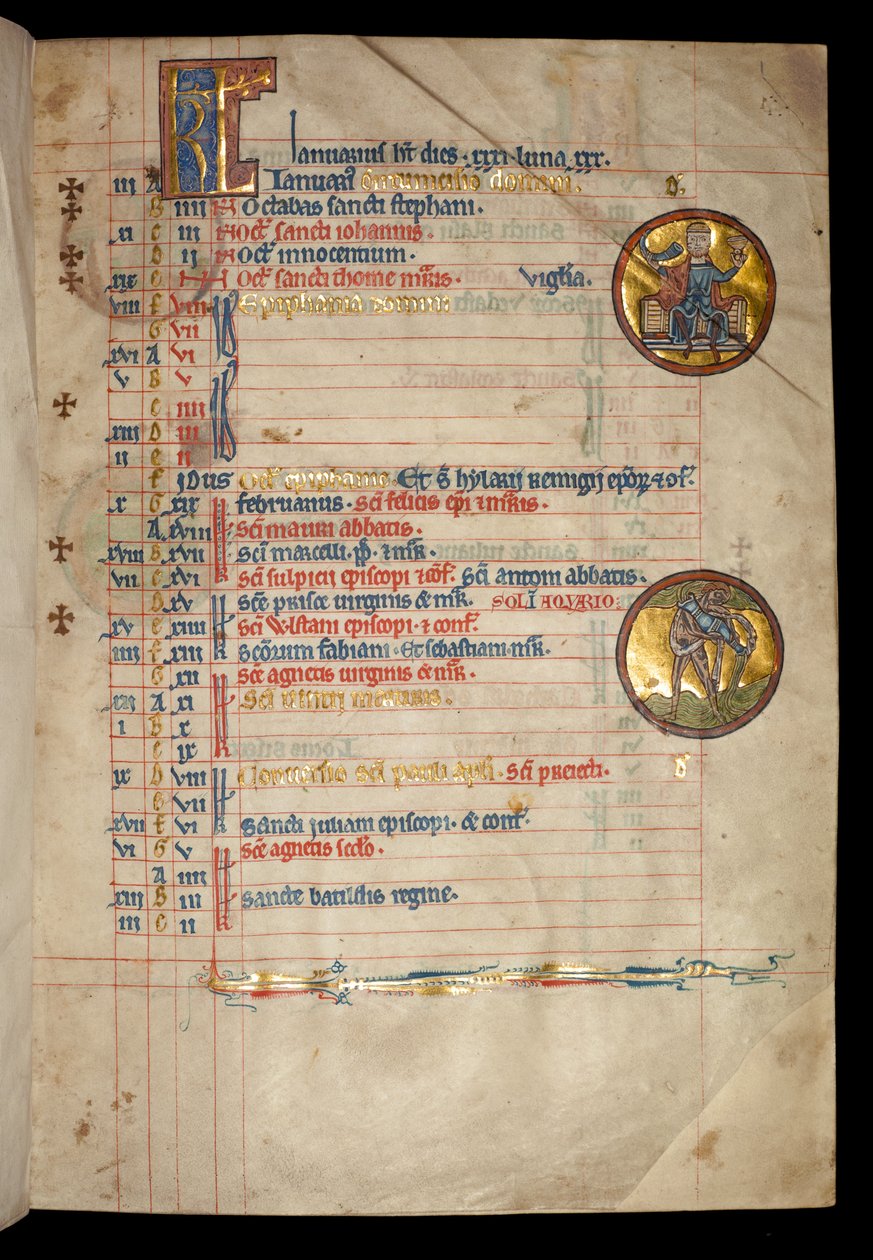 Ms 322 f.1r January, en trehövdad man som dricker, illustration från 