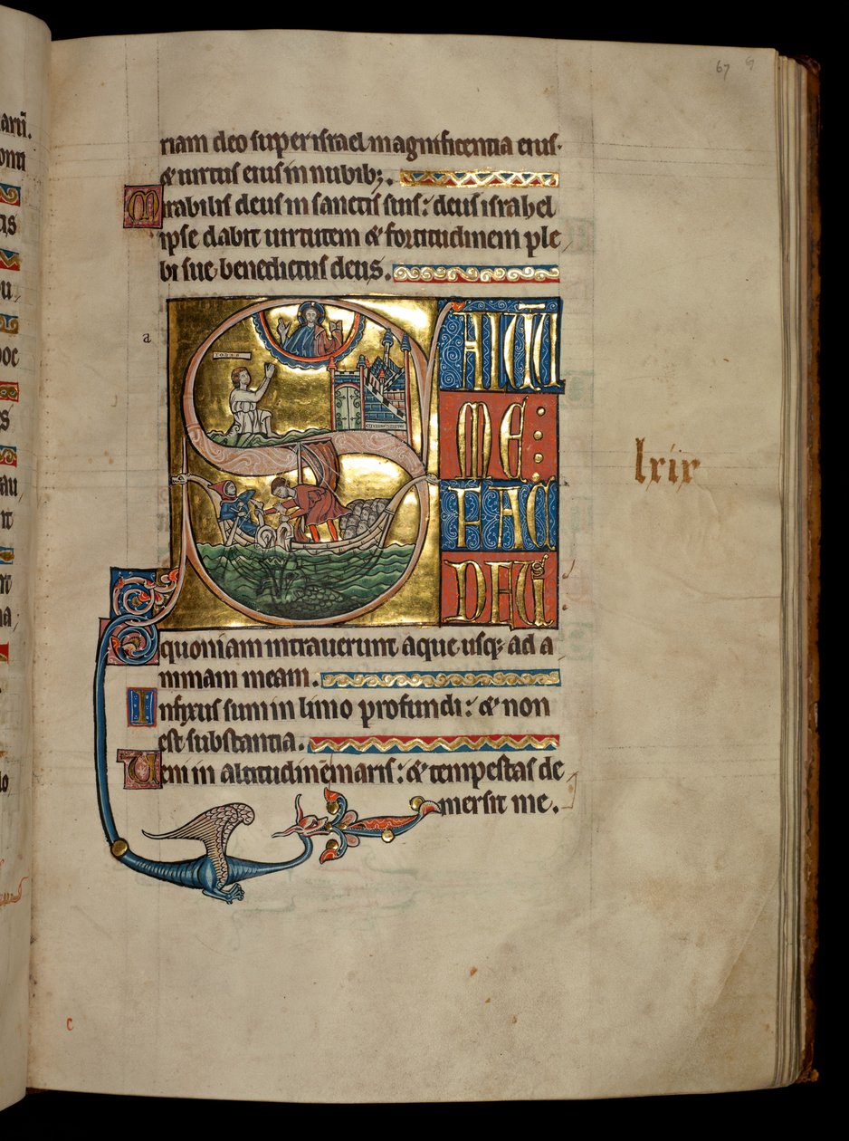Ms 322 f.67r, Psalm 68, initial S, Jonas ber till Kristus när han lämnar valen och Jonah kastas till valen, illustration från 