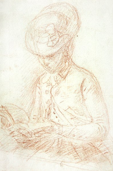 Kvinna i ridvana läser (röd krita på papper) av William of Bath Hoare