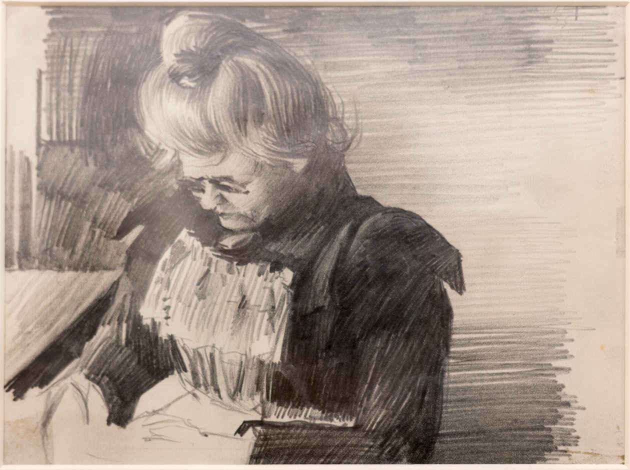 A Woman sewing (Femme cousant) (Penna på papper) av William van Strydonck