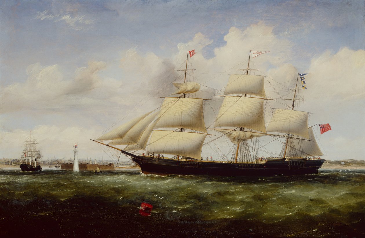 Ship Shepherdess passerar Perch Rock Fort and Lighthouse när hon anländer till Mersey (olja på duk) av Williams Kimmins McMinn