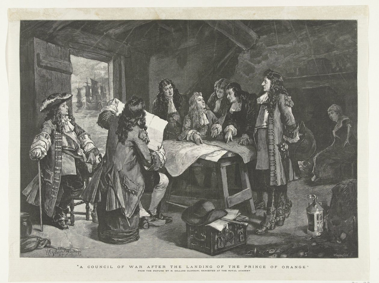 Vilhelm III håller krigsråd i en fiskarkoja, 1688 Ett krigsråd efter landstigningen av prinsen av Orange (titel på objekt) av Williamson