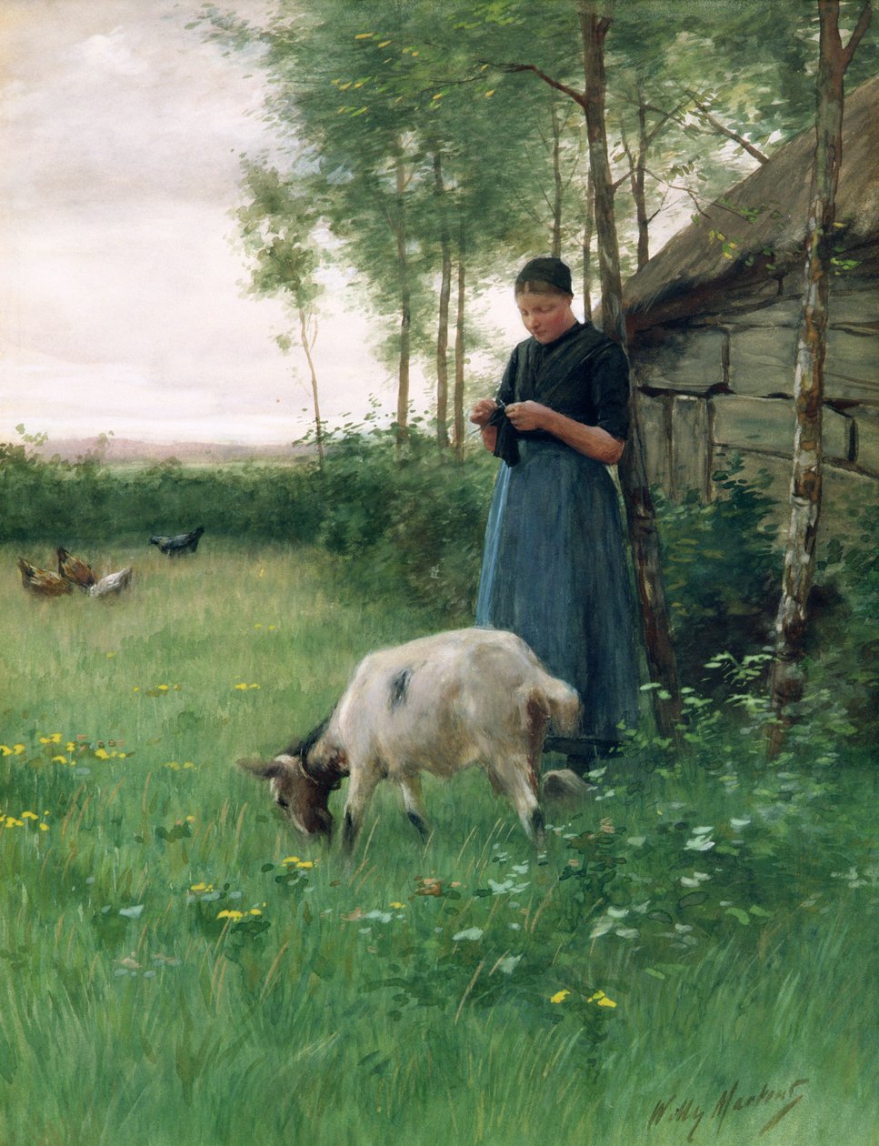 Holländsk flicka med get och höns, ca 1910 av Willy Martens