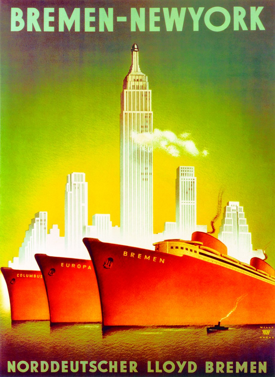 "Bremen - New York", reklamaffisch för North German Lloyd Line av Willy Hanke