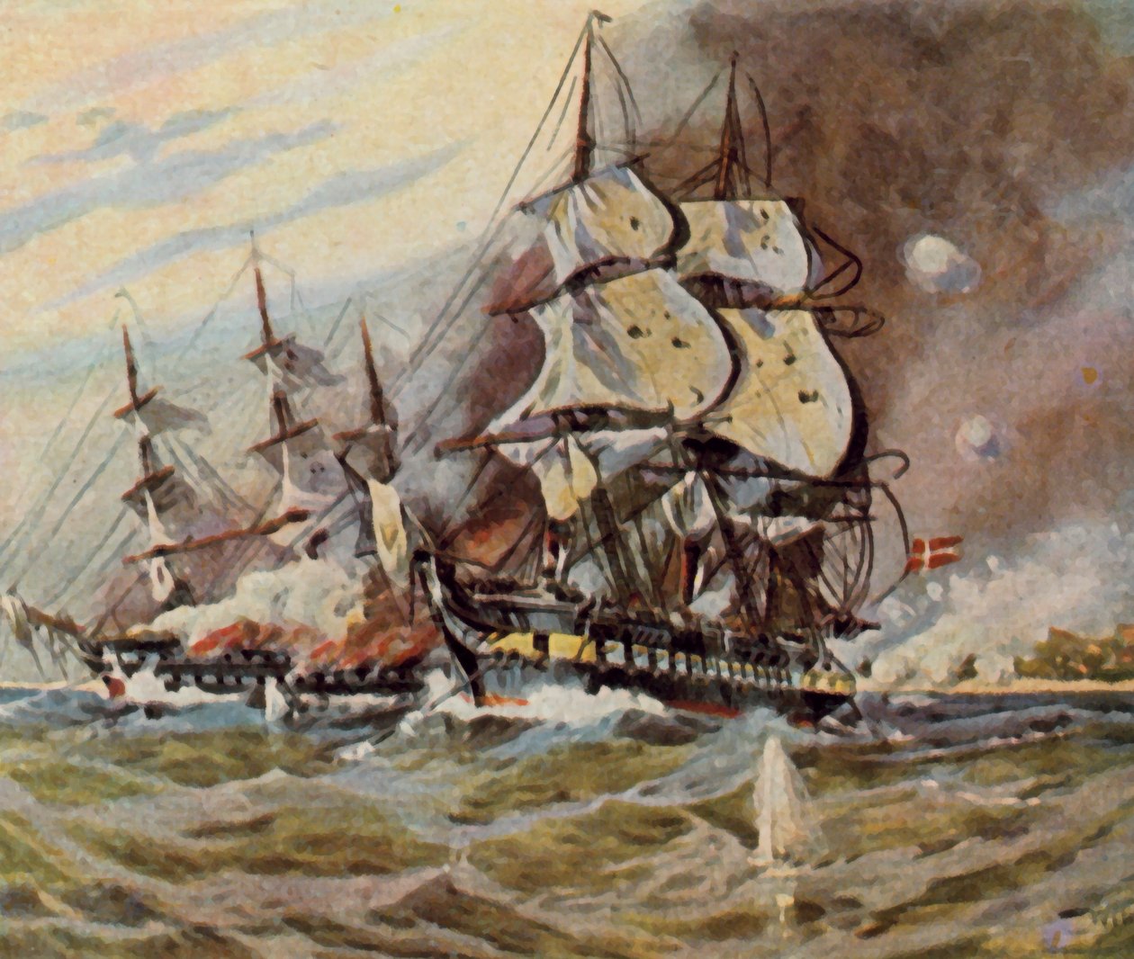 Tyska strandbatterier nära Eckernförde, 5 april 1849 (förbättrad färglitografi) av Willy Stower
