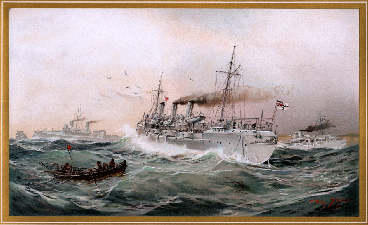 Kaiserliche Marine Griffin, Meteor och Jagd ser ut över bröststaden, kromolitografi av Willy Stöwer 1894, nr 9 från G. Wislicenus, Unsre Kriegsmarine. av Willy Stöwer