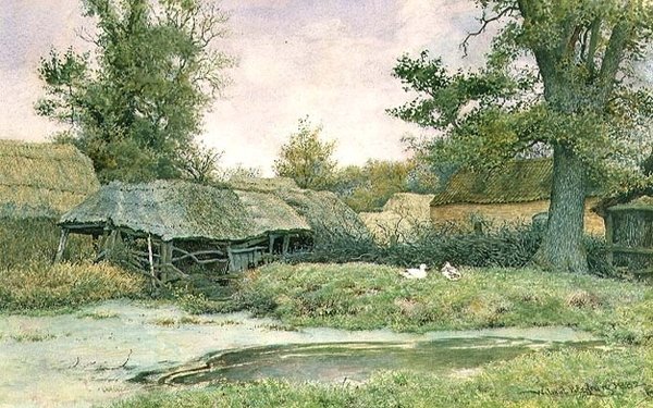Gård med ankdamm och ankor av Wilmot R.W.S. Pilsbury