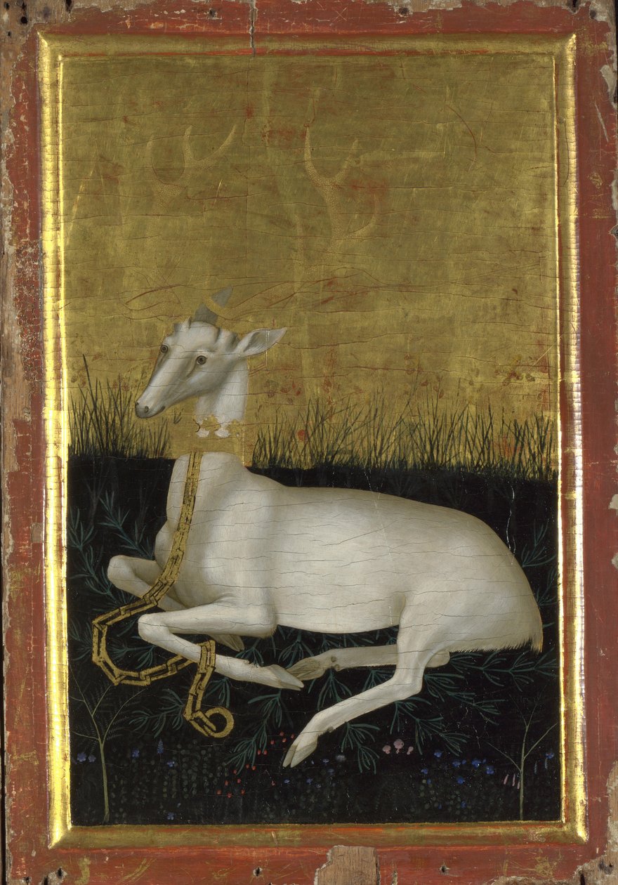 En vit hjärta kedjad med en krona runt halsen Ytterpanelen på Wilton-diptyken, mellan 1395 och 1399 av Wilton Master