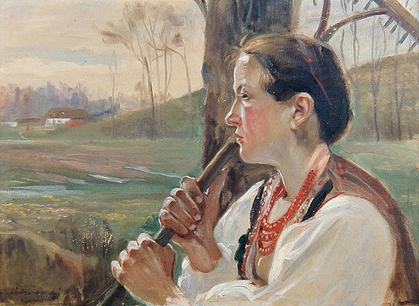 Flicka med kratta, ca 1914 (olja på tavla) av Wincenty Wodzinowsky