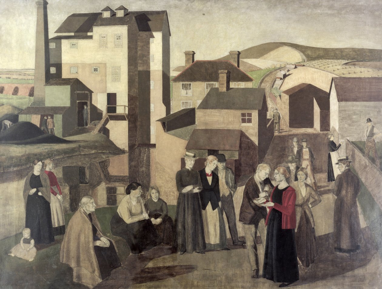 En scen på en bygata med kvarnhänder som samtalar av Winifred Knights