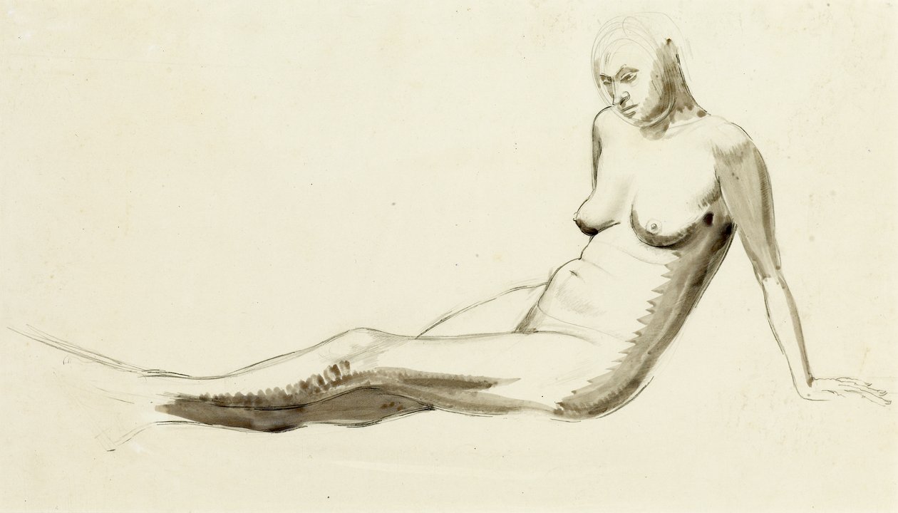 Sittande naken, ca 1919 (penna & tvätt över penna) av Winifred Knights