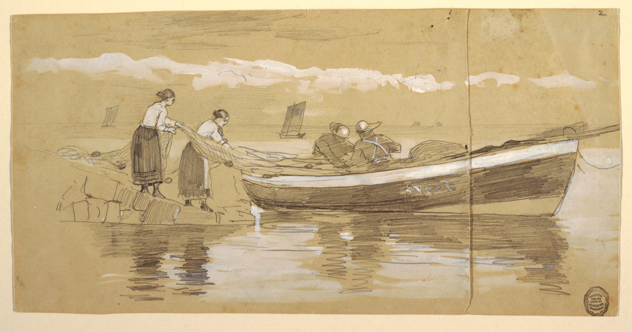 Teckning, fiskare och kvinnor som stuvar nät i en strandad Dory, Cullercoats, England av Winslow Homer