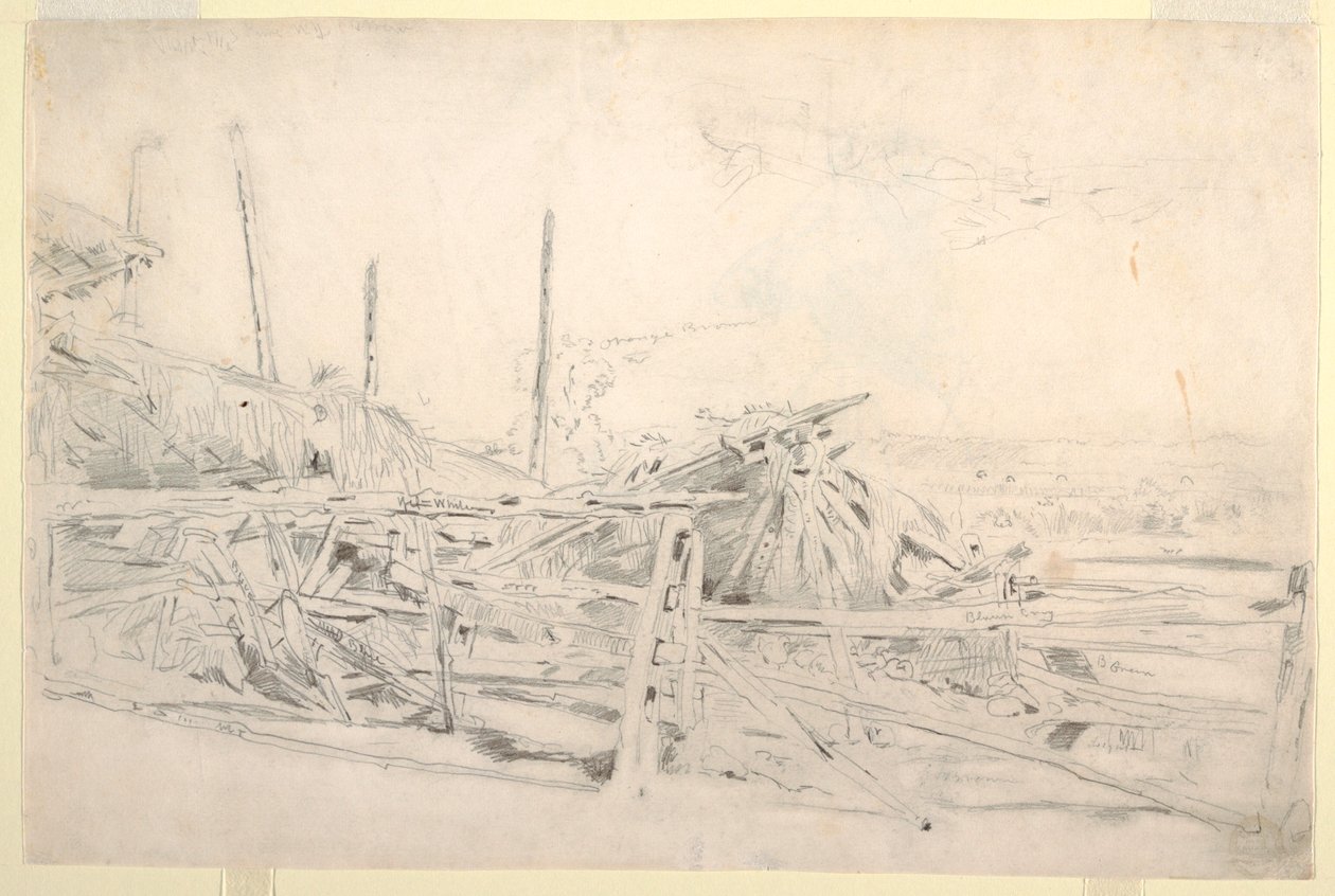 Ritning, höstack och staket, ca 1870 av Winslow Homer