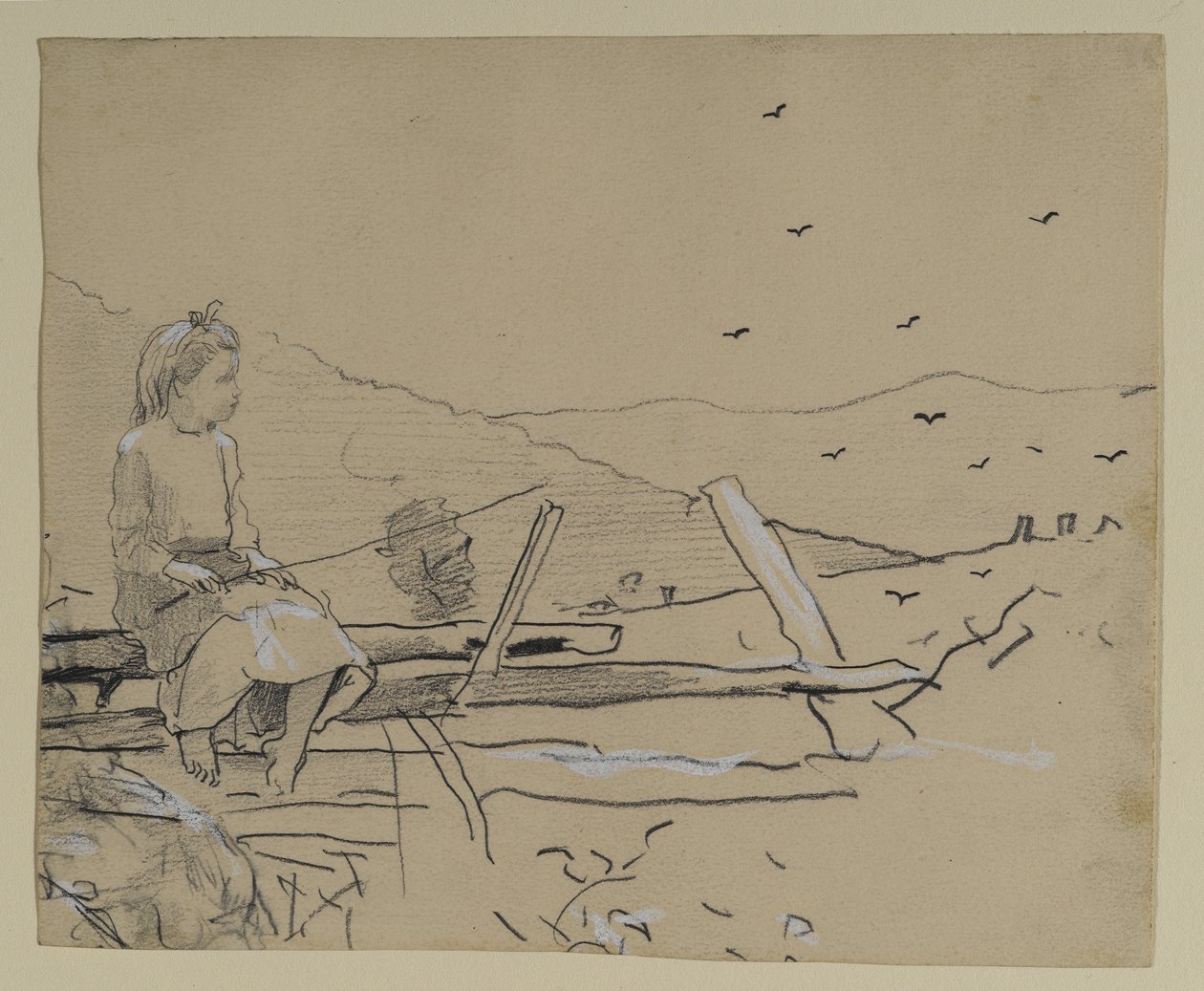 Flicka sittande på stängsel, 1879 (grafit med kinesiskt vitt på papper) av Winslow Homer