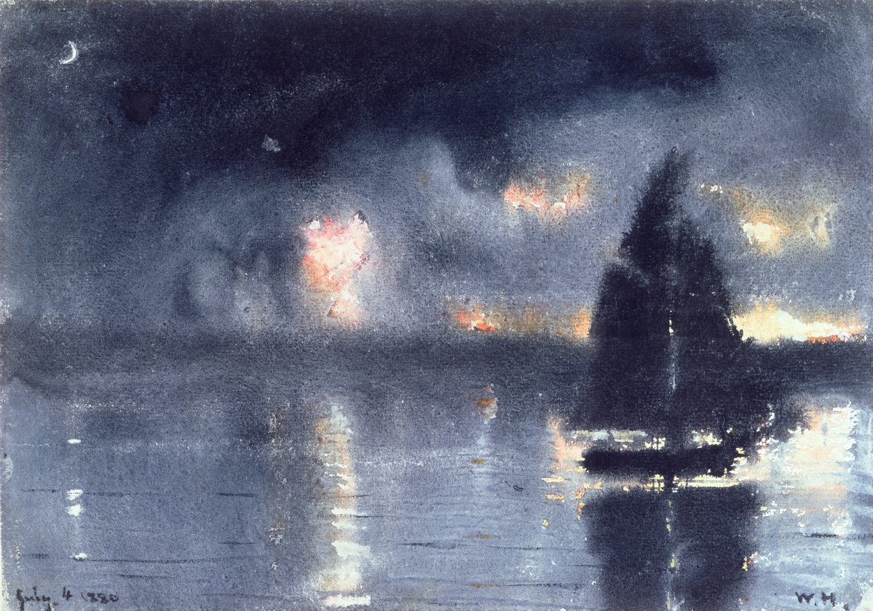 Segelbåt och fyrverkerier från den fjärde juli, 1880 (wc på papper) av Winslow Homer