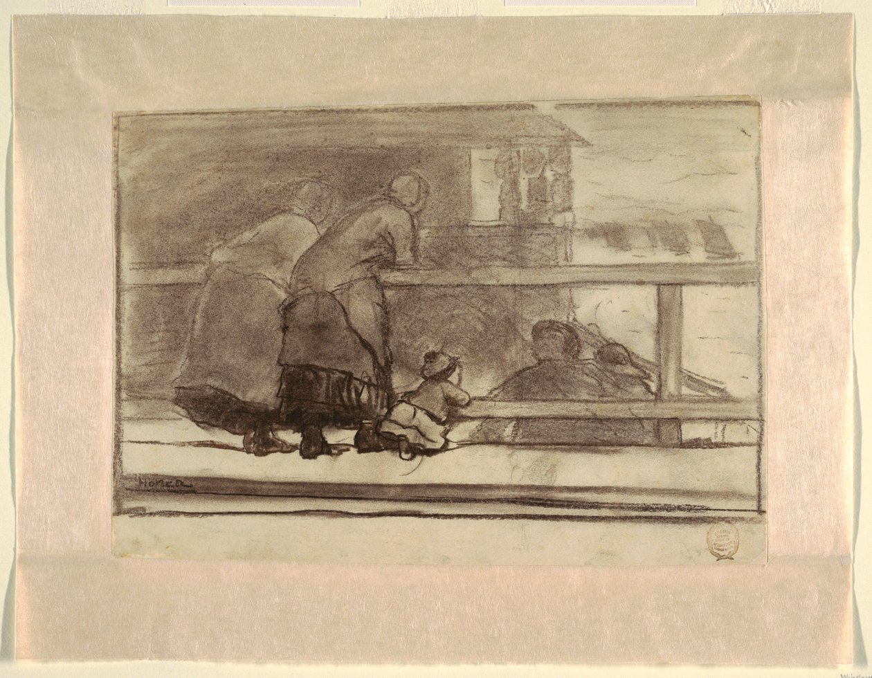 Två kvinnor och ett barn på en järnväg, med utsikt över stranden på Tynemouth av Winslow Homer