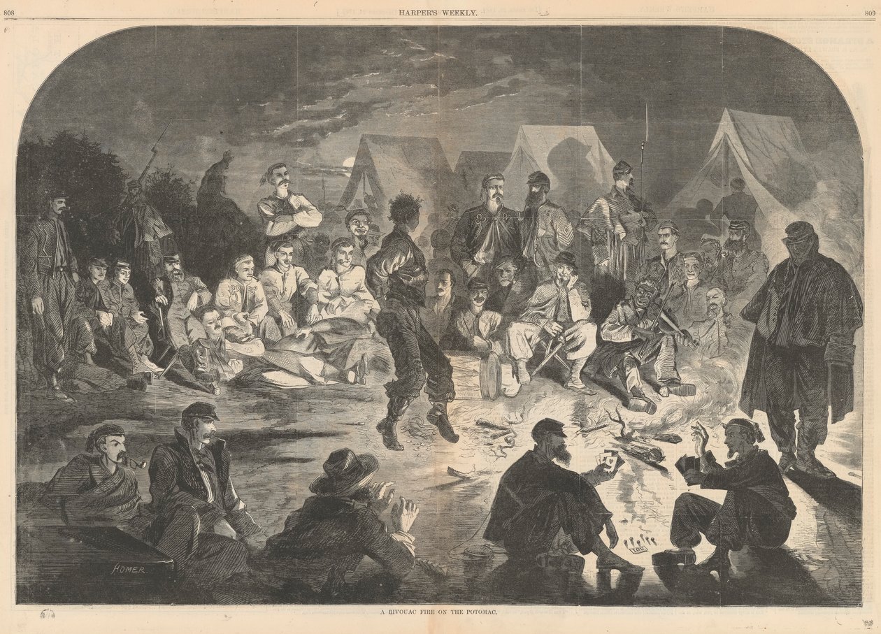 En bivackeld på Potomac; från Harper av Winslow Homer