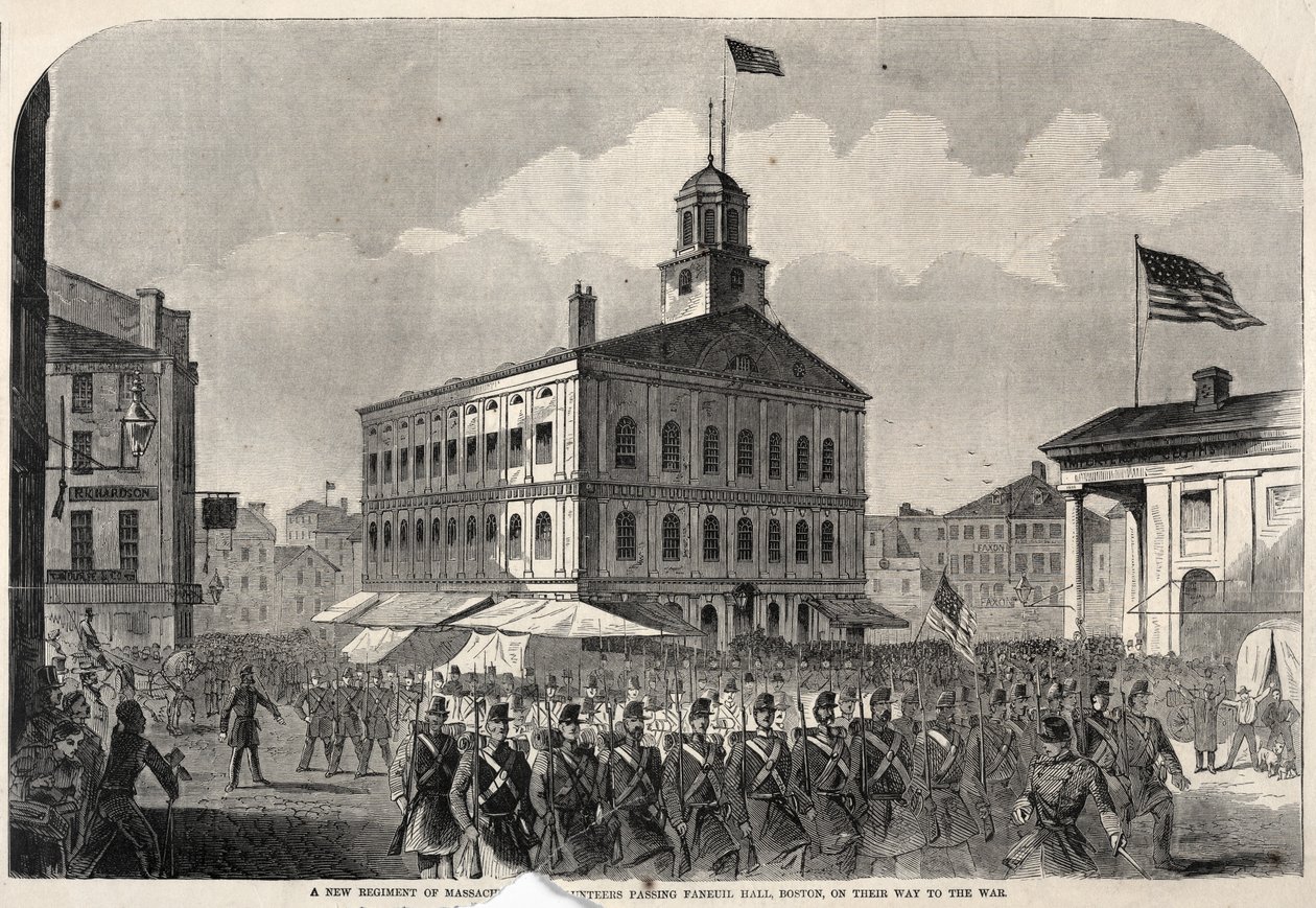 Ett nytt regemente av Massachusetts Volunteers passerar Faneuil Hall, Boston, på väg till kriget av Winslow Homer