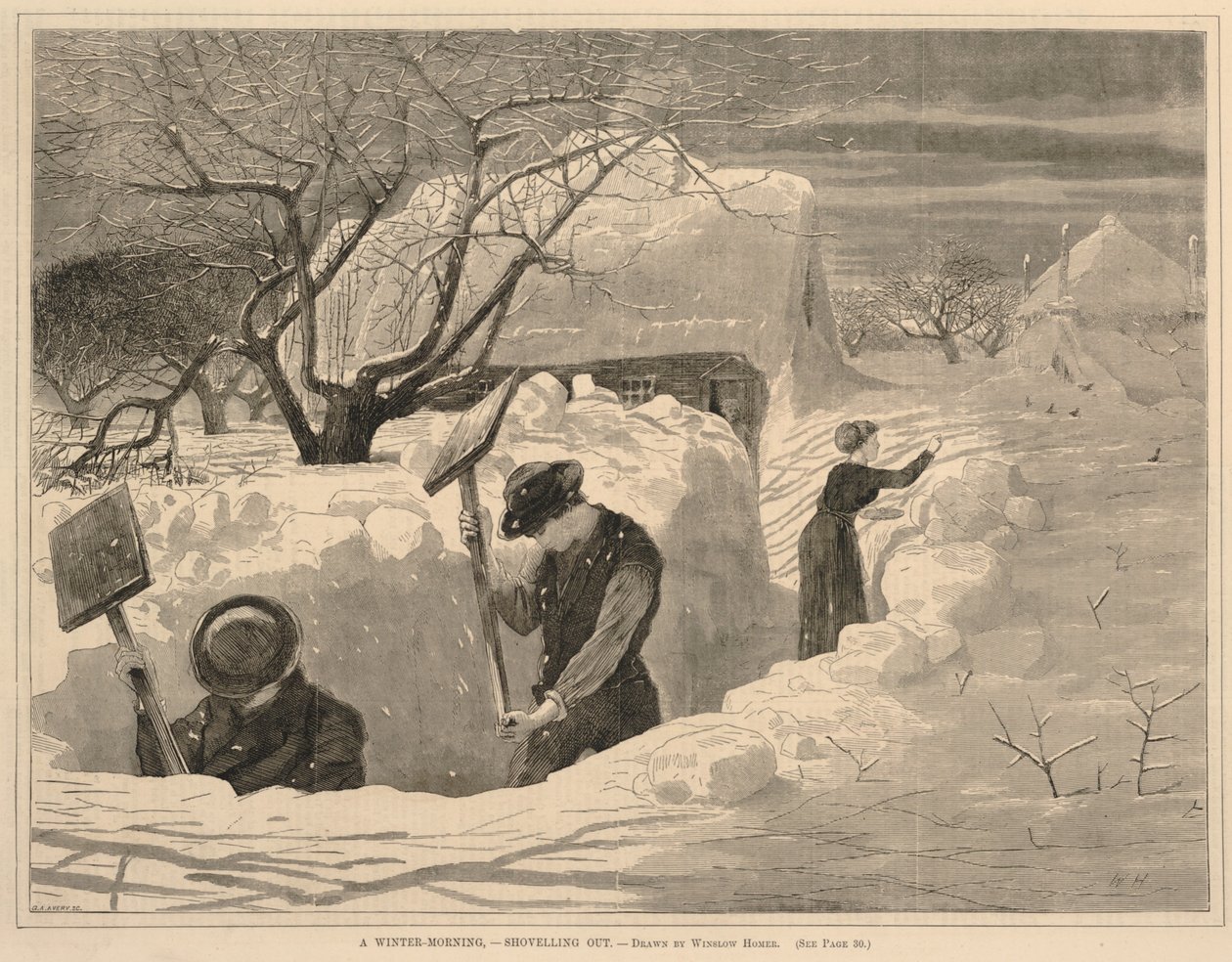 En vintermorgon--Shovelling Out, från Varje lördag, 14 januari 1871 av Winslow Homer