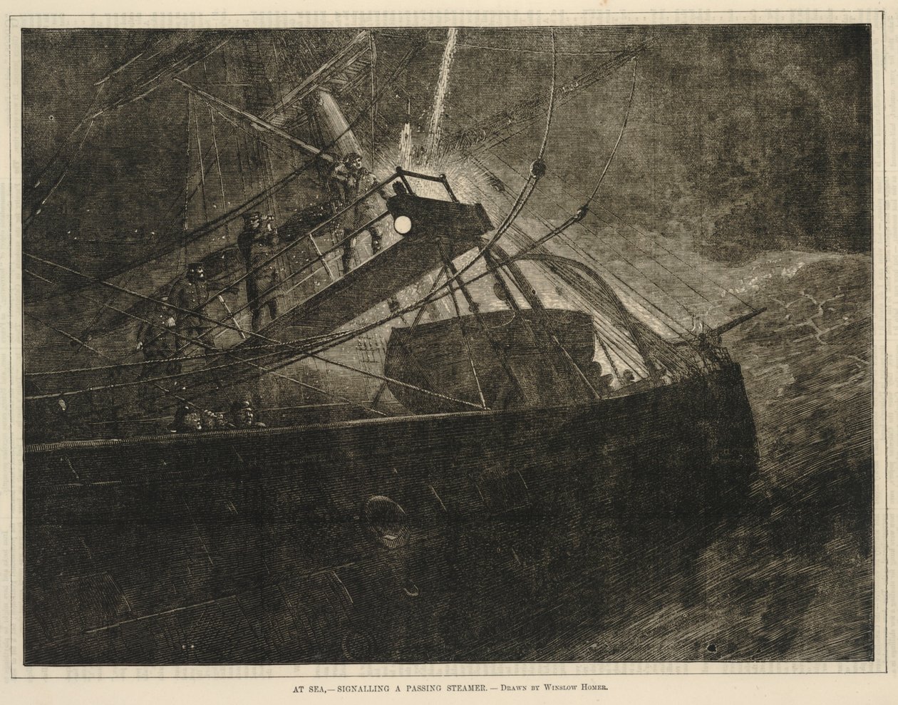 Till sjöss - att signalera till en förbipasserande ångbåt, från Every Saturday, 8 april 1871 av Winslow Homer