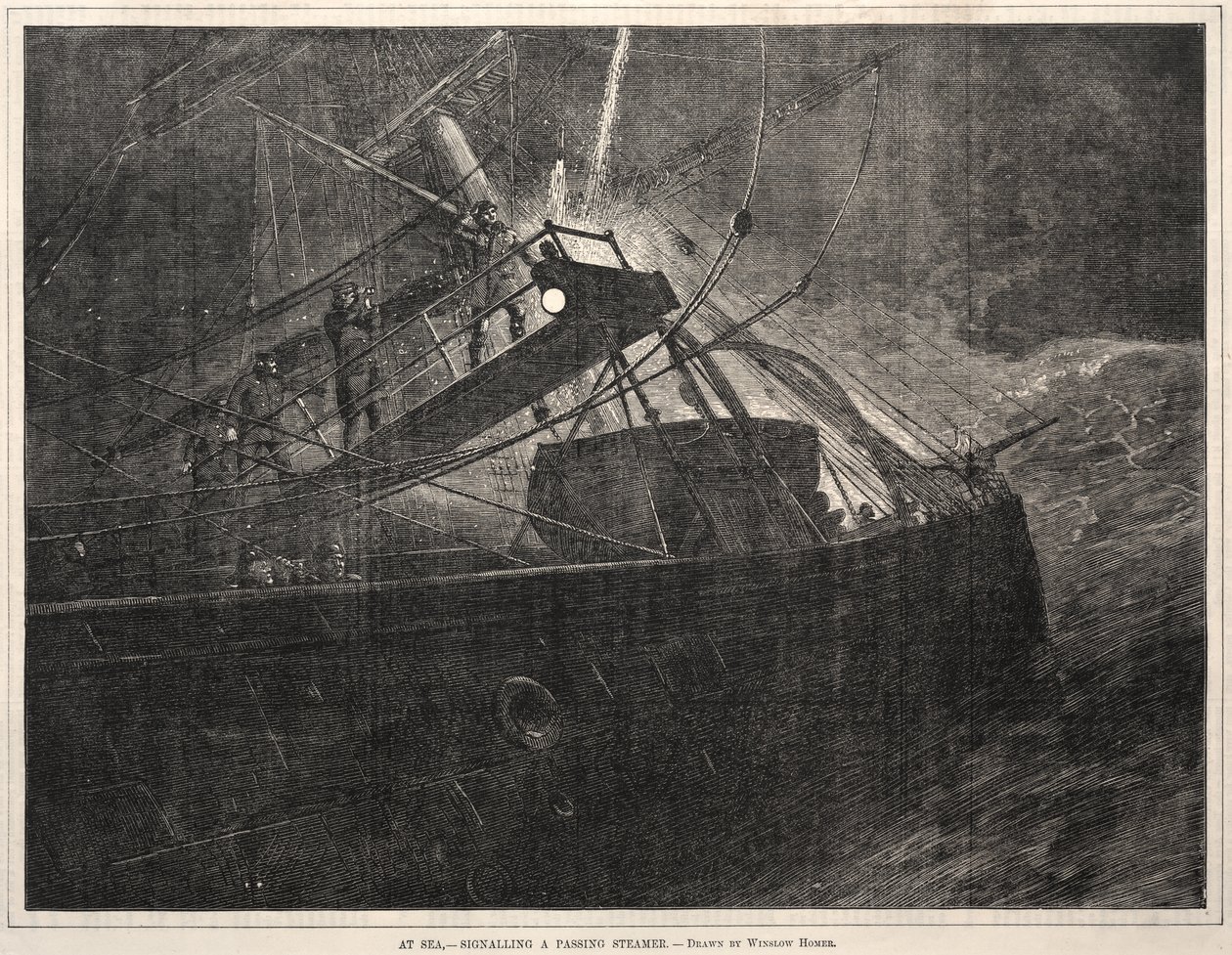 Till sjöss, signalering till ett förbipasserande ångfartyg av Winslow Homer