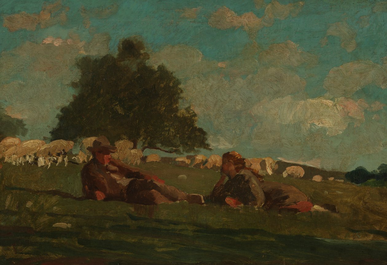 Pojke och flicka på ett fält med får av Winslow Homer