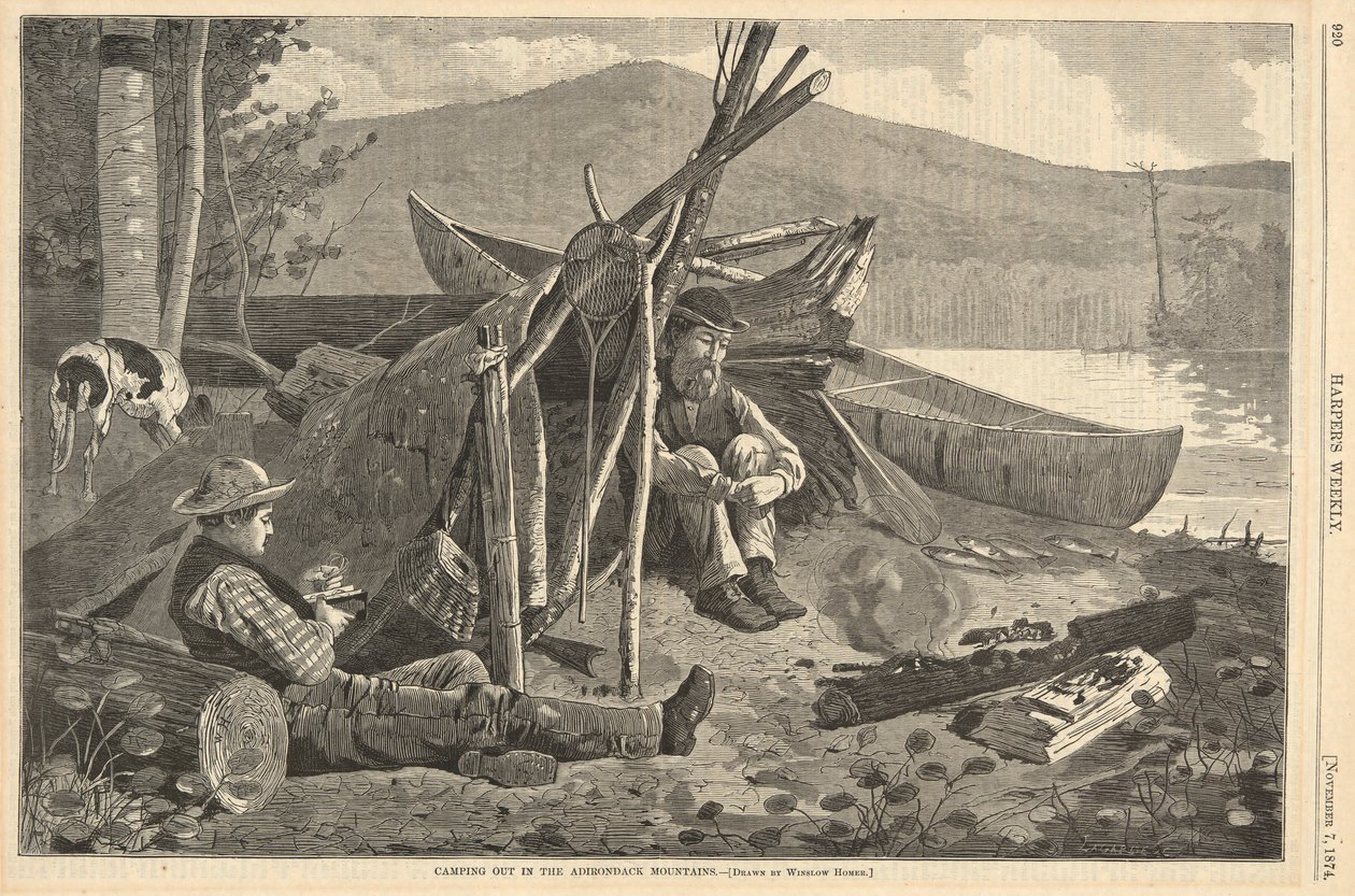 Camping ute i Adirondack Mountains, från Harper av Winslow Homer