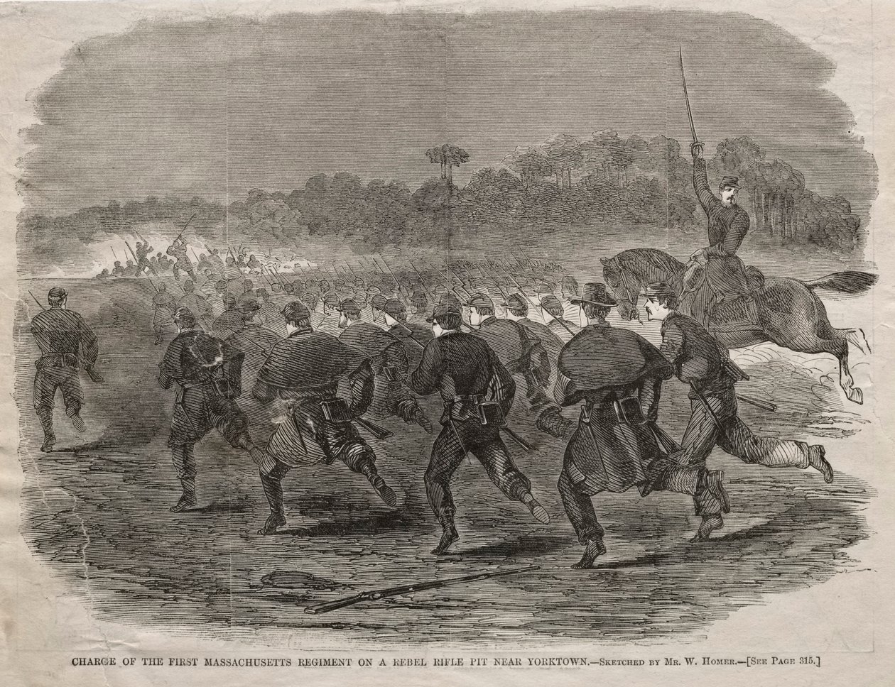Ansvar för det första Massachusetts regementet på en rebellgevärsgrop nära Yorktown, 1862. av Winslow Homer