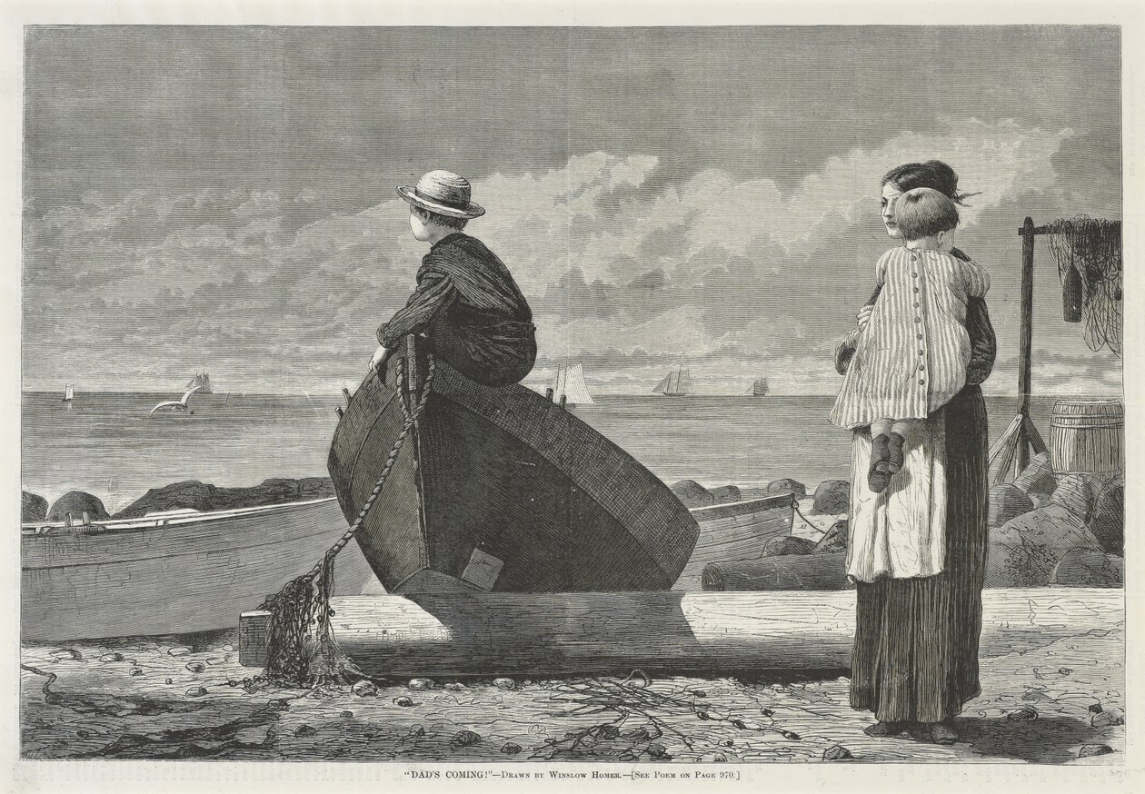 Pappa kommer!, 1 november 1873 (trägravyr på tidningspapper) av Winslow Homer