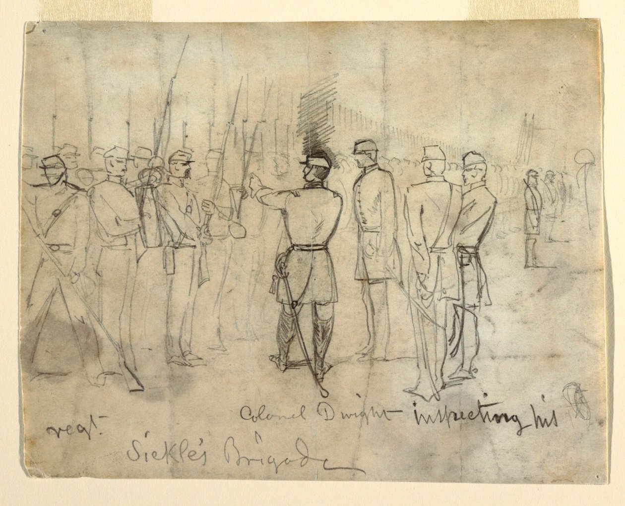 Ritning
Teckning, Överste William Dwight Jr. inspekterar sitt regemente, 1862 av Winslow Homer