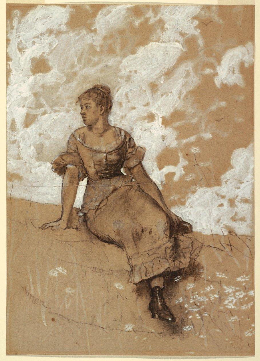 Teckning, En sittande flicka; studie till "Trädgårdsmuren", 1878 av Winslow Homer