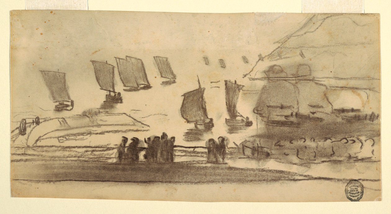 Teckning, Strandscen med människor och fiskebåtar, Cullercoats, England, 1881-82 av Winslow Homer