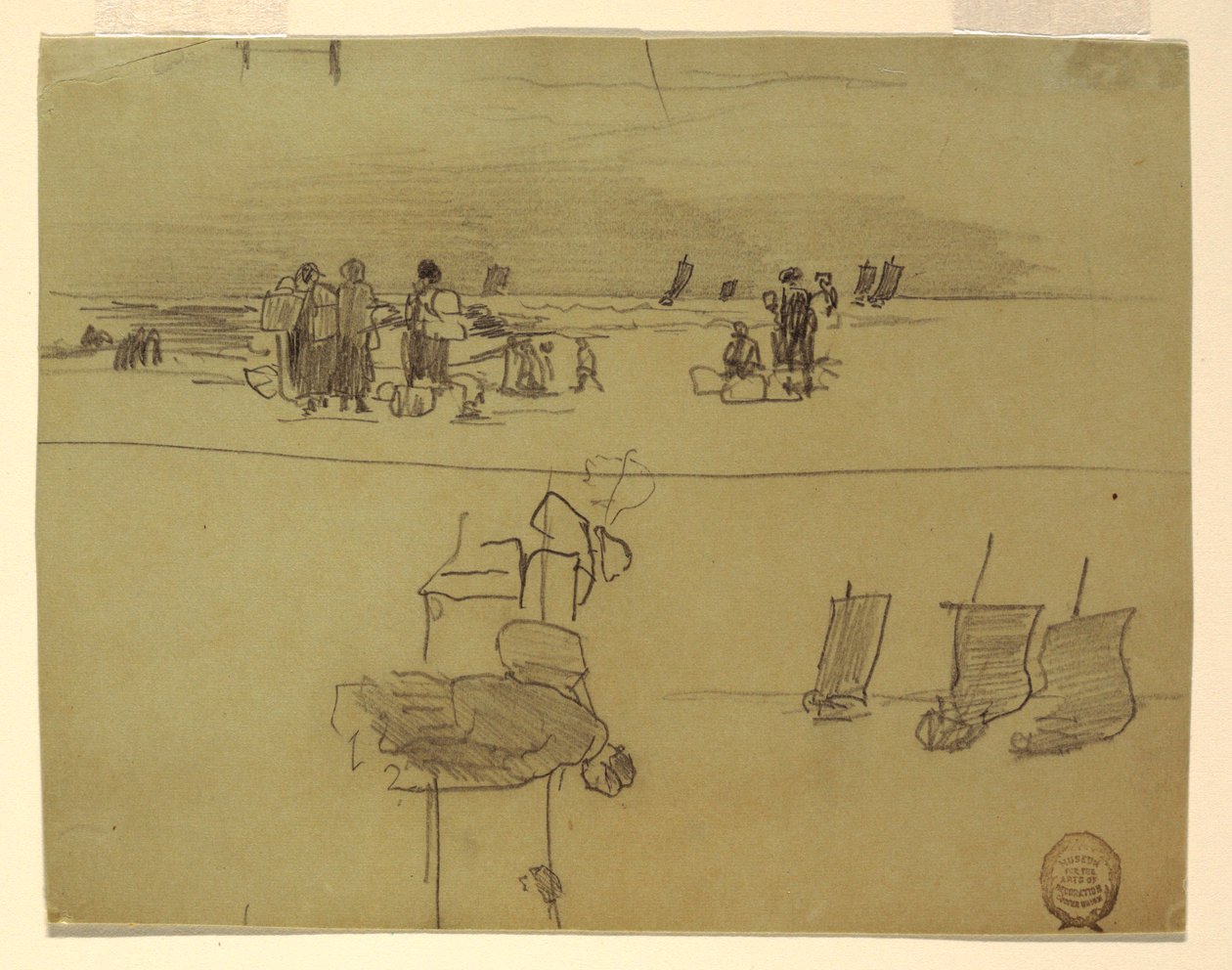 Teckning, Strandscen med kvinnor som bär korgar, Cullercoats, England, 1881-82 av Winslow Homer