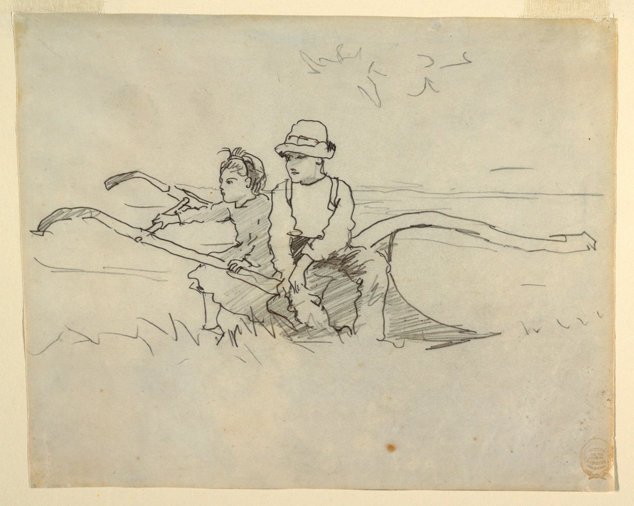 Teckning, Pojke och flicka sittande på en plog, 1879 av Winslow Homer