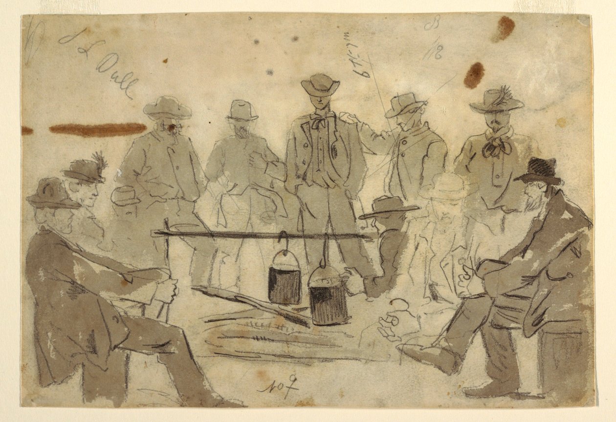 Teckning, Lägereld med soldater grupperade runt, 1862 av Winslow Homer