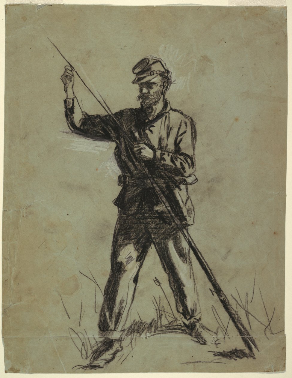 Teckning, kavallerisoldat laddar ett gevär, 1863-64 av Winslow Homer