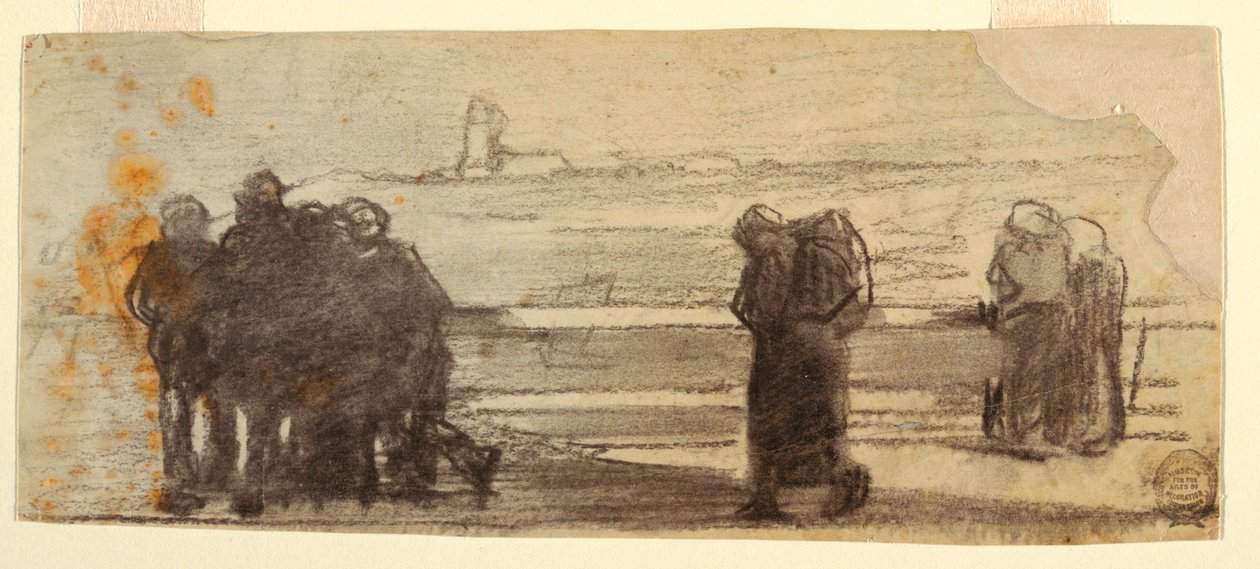Teckning, Figurer med utsikt över en vik och en liten båt, Cullercoats, England, 1881-82 av Winslow Homer