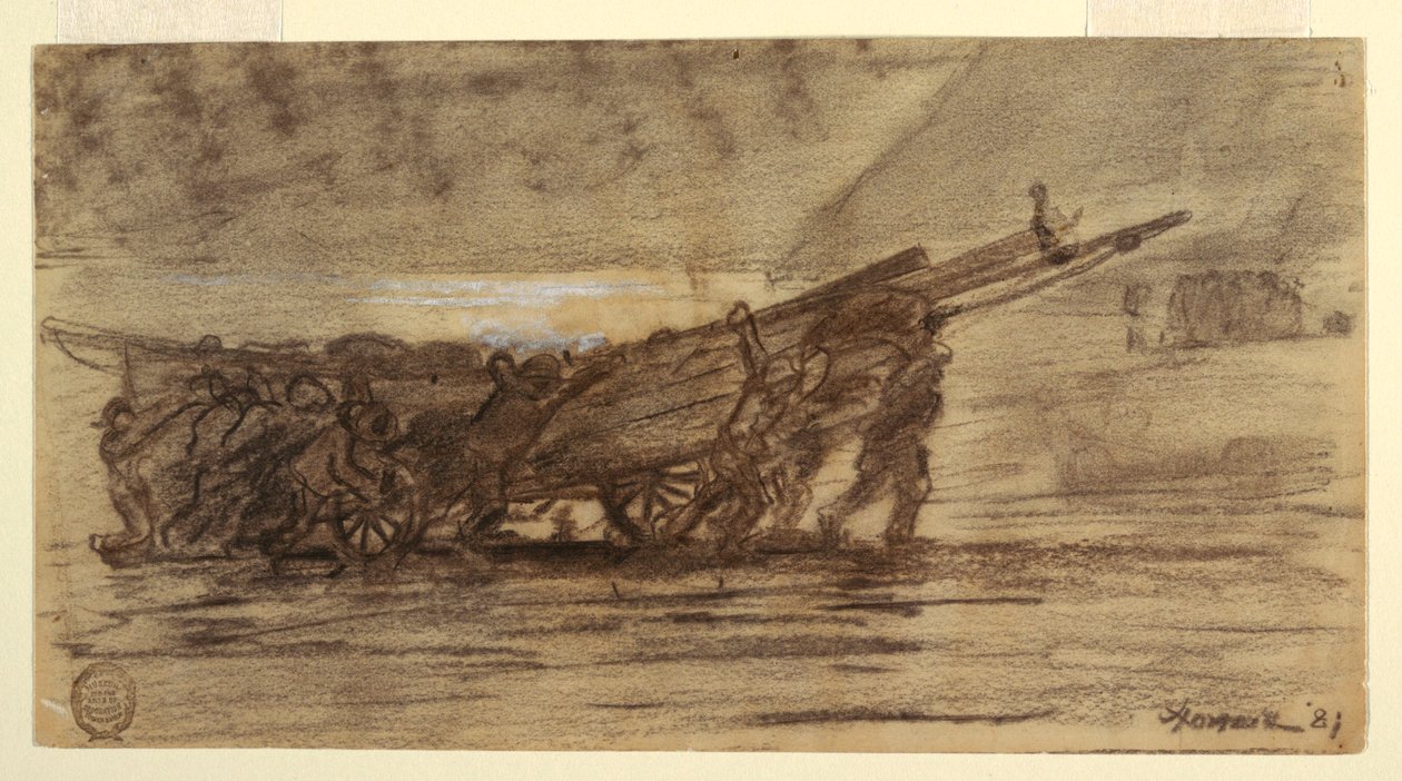 Teckning, Fiskare som strandar en båt, Cullercoats, England, 1881 av Winslow Homer