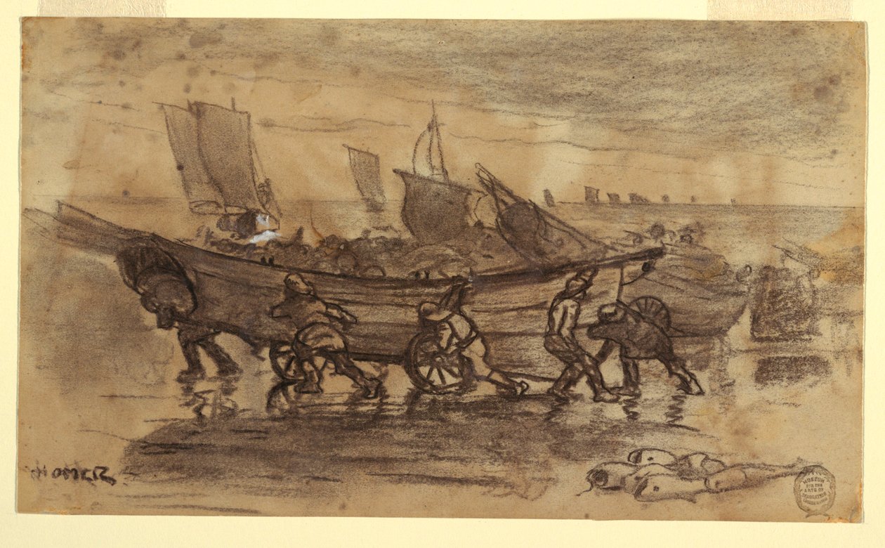Teckning, Fiskare som strandar en dory, Cullercoats, England, 1881 av Winslow Homer