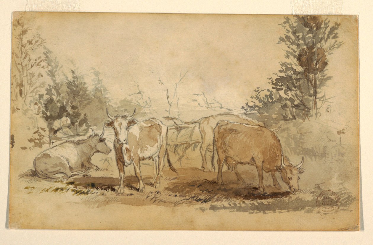 Teckning, Fyra kor betar i en hage, ca 1855-60 av Winslow Homer