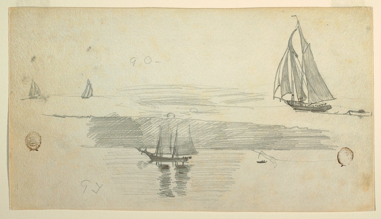 Teckning, Fyra skonare, möjligen 1880 av Winslow Homer