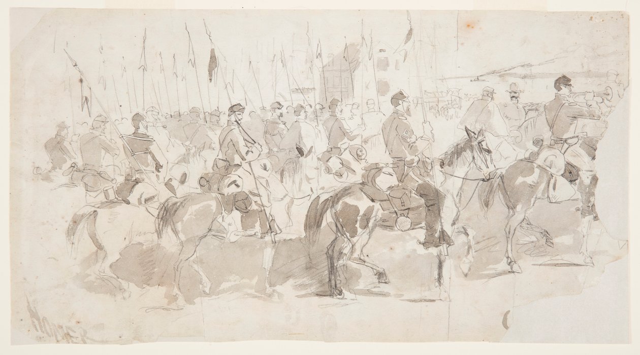 Teckning, General McClellans sjätte kavalleriregemente embarkerar i Alexandria för Old Point Comfort, 2 april 1862 av Winslow Homer