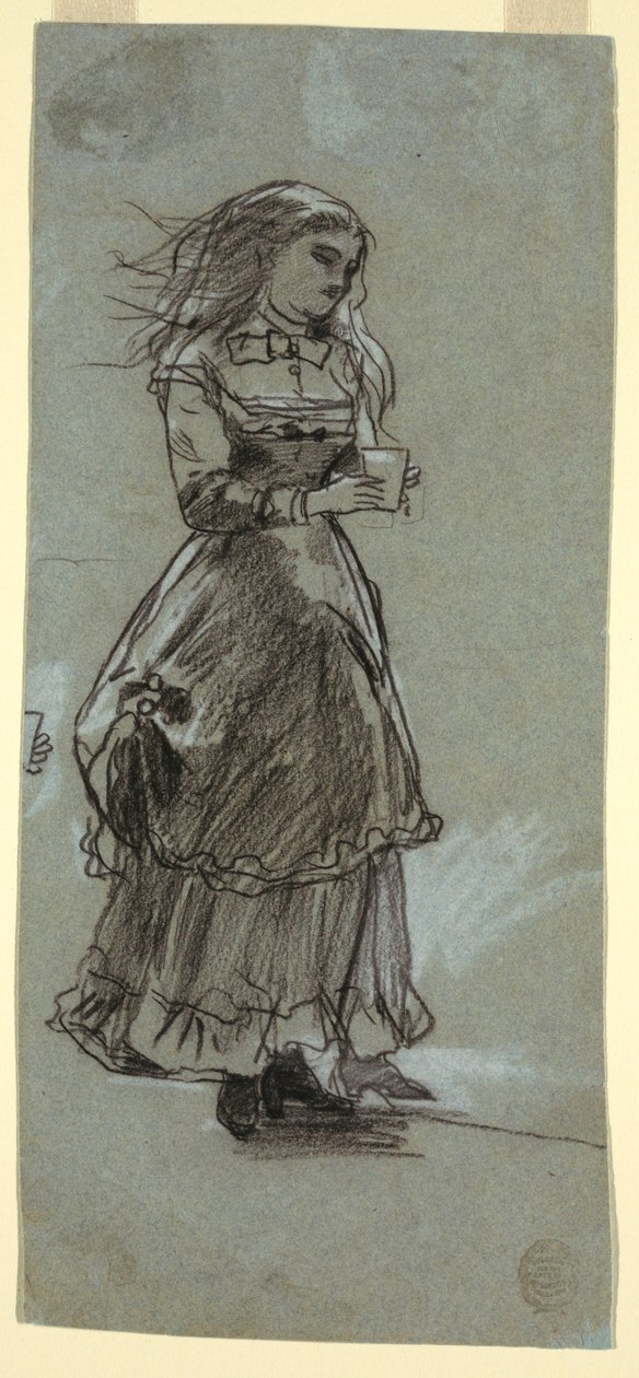 Teckning, flicka med dricksglas i handen, troligen 1869 av Winslow Homer